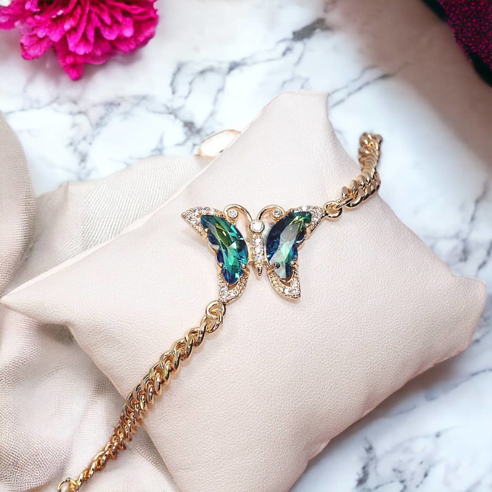 14K Gold Plated Rhinestone & Oil Spill Butterfly Chain Bracelet - Green